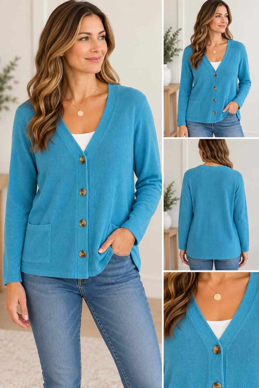 J.Jill Long-Sleeve V-Neck Button-Front Cardigan Sweater with Pockets Blue Size L